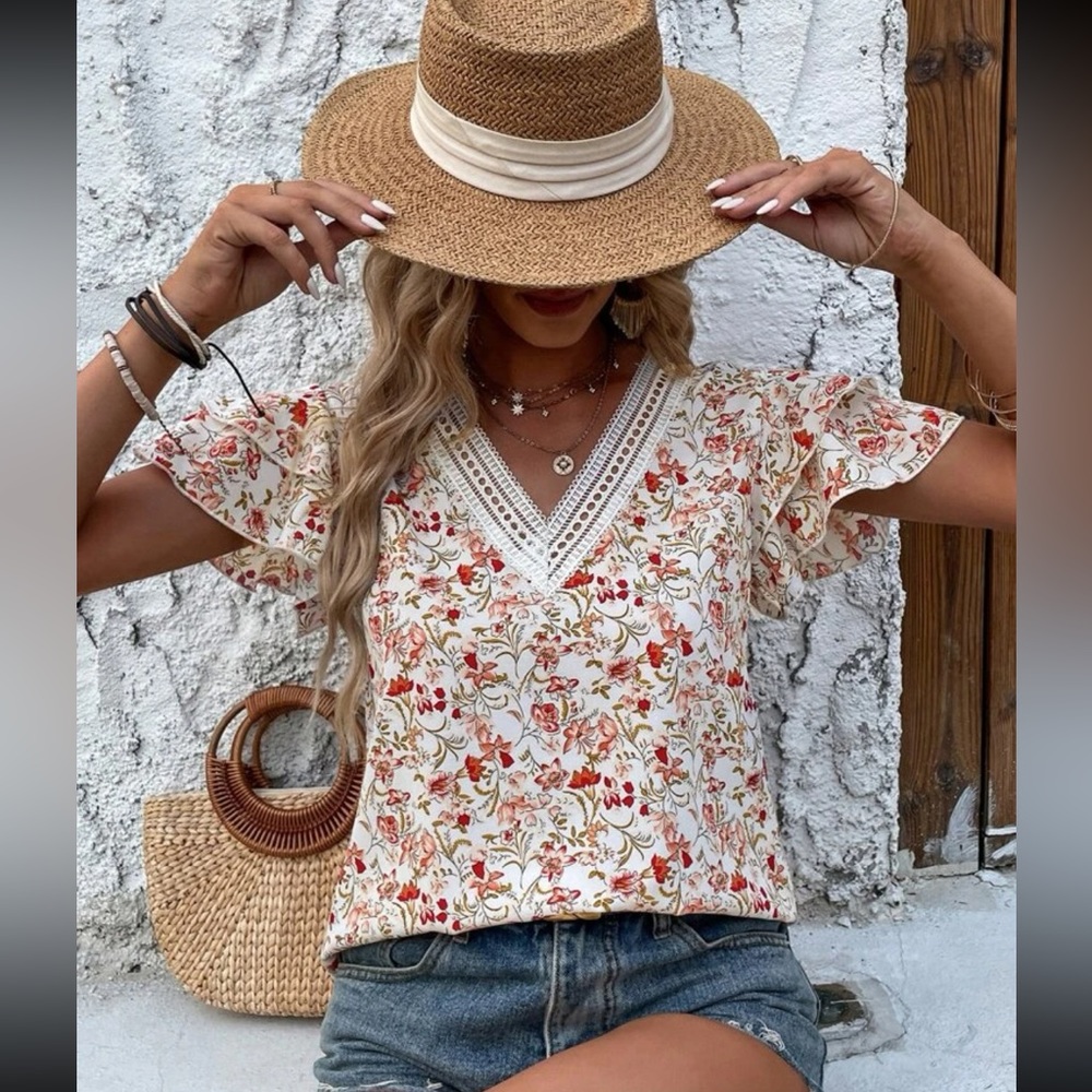 Floral V-Neck Blouse - Cream and Red - Picture 5 of 7
